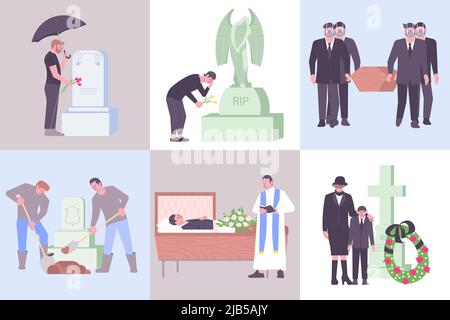 Flache Tod Komposition mit Beerdigung Service in der Kirche Beerdigung Prozession Menschen auf Friedhof Denkmal Kranz isoliert Vektor-Illustration gesetzt Stock Vektor