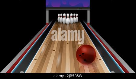 Realistische Bowling-Komposition mit perspektivischer Ansicht der Bowlingbahn mit Pins und Parkettfläche mit Kugelvektor-Illustration Stock Vektor