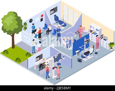 Isometrische Zusammensetzung mit Zahnklinik Innenaufnahme Ausrüstung menschliche Charaktere von Patienten und Zahnärzten 3D Vektor-Illustration Stock Vektor