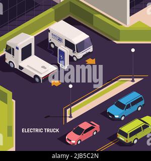 Elektrofahrzeuge Bordladestationen auf Stadt Straße isometrische Zusammensetzung mit Plattform LKW van Aufladen Vektor Illustration Stock Vektor