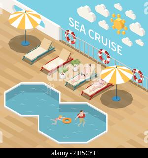 Sea Cruise isometrische farbige Zusammensetzung Touristen entspannen und Sonnenbaden auf Liegestühlen in der Nähe des Pools Vektor-Illustration Stock Vektor