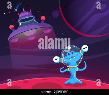 Freundlich lächelnd lustig Alien auf roten Planeten Oberfläche mit Raumschiff auf dunkelviolettem Hintergrund Cartoon-Vektor-Illustration Stock Vektor