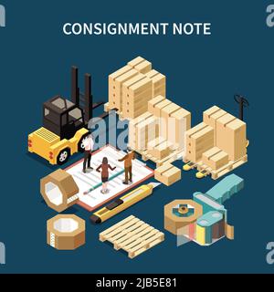 Procurement Officer Supplier Chain Manager und Carrier, die auf dem Frachtbrief in der Nähe der Kaufgüter stehen, isometrische Vektordarstellung Stock Vektor