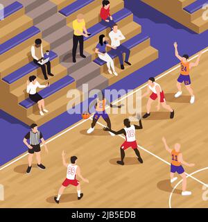 Basketball isometrische Komposition mit Indoor Court Landschaft mit sitzenden Menschen beobachten Spiel und spielen Teammitglieder Vektor-Illustration Stock Vektor