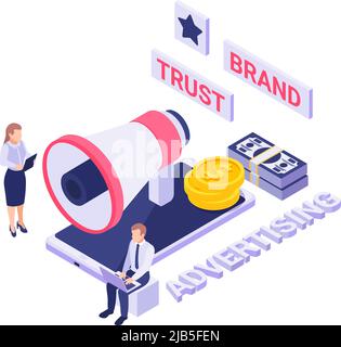 Brand Trust Werbung isometrisches Konzept mit 3D Smartphone Geld Megaphon und Menschen Vektor Illustration Stock Vektor