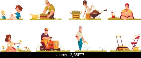 Menschen Pflanzen Reinigung Mähen Bewässerung Rasen sitzen auf grünem Gras mit Blumen Cartoon Kompositionen Set isoliert Vektor-Illustration Stock Vektor