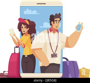 Reise Cartoon Komposition mit glücklichen Menschen Buchung Hotel oder Apartment Online-Vektor-Illustration Stock Vektor