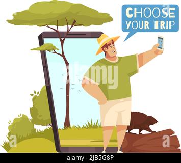 Cartoon-Komposition mit Mann Buchung Reise online in mobile App Vektor Illustration Stock Vektor