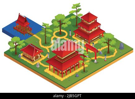 Asiatische Gebäude Garten und Landschaft isometrische Konzept Vektor Illustration Stock Vektor