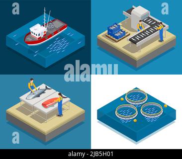 Fischindustrie Meeresfrüchte Produktion isometrisches Design-Konzept mit quadratischen Kompositionen von Put und nehmen Fischerei Fileting Vektor Illustration Stock Vektor