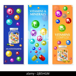 Realistisches 3D Vitamin Mineral Set aus drei vertikalen Bannern mit bunten Blasen Pillen und editierbaren Text Vektor Illustration Stock Vektor