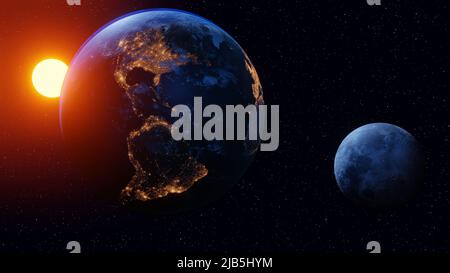 Schöner kosmischer Hintergrund mit Erde und Mond Sonnenscheibe Sternenhimmel. Die Kontinente Süd- und Nordamerika sind leuchtende Städte. 3D Rendern Stockfoto