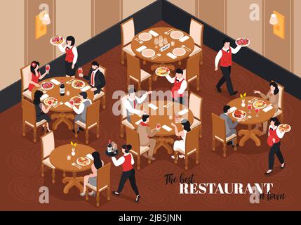 Isometrische Restaurantzusammensetzung mit Blick auf die Lobby im Innenbereich mit runden Tischen und Kellnerfiguren mit Text-Vektor-Illustration Stock Vektor