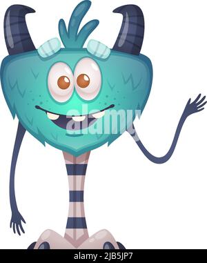 Lustige Cartoon Monster Flügel lange gestreifte Beine lächelnd und winkende Hand Vektor-Illustration Stock Vektor