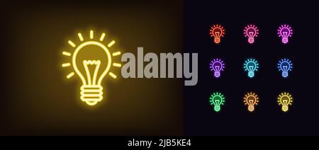 Umreißen Sie das Symbol der Neon-Lampe. Leuchtende Neon-Glühbirne mit Lichtstrahlen, Piktogramm der Glühbirne. Idee und Lösung, geschäftliche Innovation, kreative Energie, ich Stock Vektor
