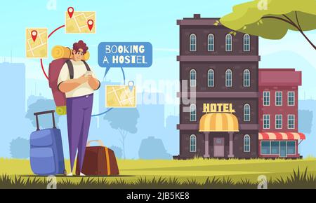 Farbige flache Reise Buchung Hostel Zusammensetzung mit Buchung der Herberge Online-Vektor-Illustration Stock Vektor