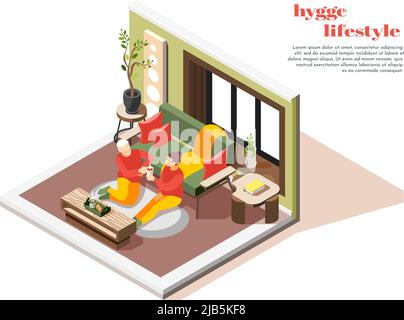 Hygge Lifestyle isometrische Zusammensetzung mit Paar bequem zu Hause auf dem Boden Teppich nippen heiße Schokolade Vektor-Illustration Stock Vektor