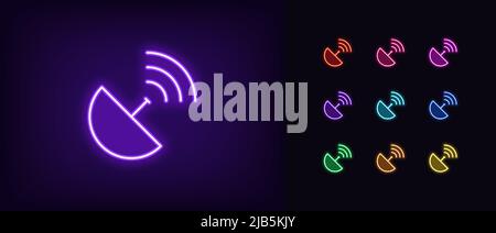 Umreißen Sie das Symbol der Neon-Satellitenschüssel. Leuchtendes Neon Satellitenantenne mit Wellen, sputnik-Broadcast-Signal. Satellitenfernsehen und Internetzugang, r Stock Vektor