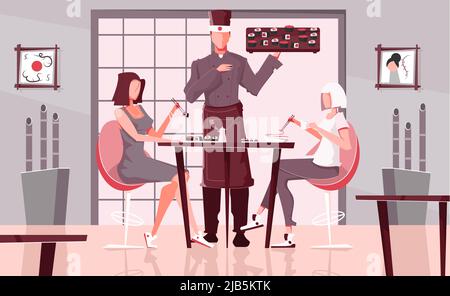 Sushi-Restaurant Menschen setzen flache Zusammensetzung mit Innenansicht des asiatischen Food Cafe Zimmer mit Menschen Vektor Illustration Stock Vektor