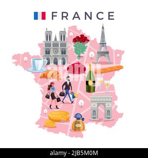 Frankreich Reisekonzept mit Flaggenkarte und Sehenswürdigkeiten flache Vektorgrafik Stock Vektor