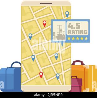 Online-Buchung Hotel Reservierung Cartoon-Symbol mit Smartphone und Koffer Vektor-Illustration Stock Vektor
