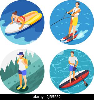 Outdoor-Aktivitäten 2x2 Design-Konzept mit Menschen an Bord Wasserski und nehmen Wanderung isometrische Vektor-Illustration Stock Vektor