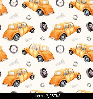 Aquarell-Retro-Autos. Nahtlose Kinder Muster mit verschiedenen Maschinen. Handbemaltes Retro-Auto-Muster. Retro-Transport. Braunes Auto. Stockfoto
