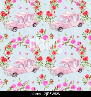 Aquarell-Retro-Autos. Handbemaltes Retro-Auto-Muster. Hochzeit vintage rosa Auto mit einem Bogen von Rosenblumen. Hochzeit Nahtloses Muster mit Stockfoto