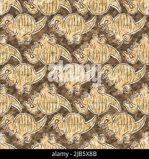 Braunes, handgezeichnetes Spinosaurus-Dinosaurier-Nahtloses Muster. Gender Neutral Jurassic fossile Silhouette für Baby-Nursery. Home Dekor für Museum, Aussterben Stockfoto