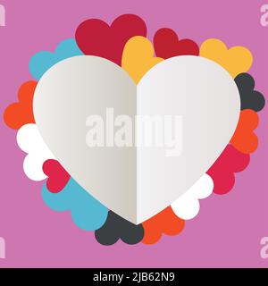 Valentinstag auf dem weißen Herzen ist von bunten Herzen auf einem rosa Hintergrund umgeben, Vektor-Illustration Stock Vektor