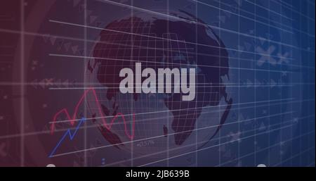 Abbildung von Finanzdaten und -Diagrammen über dem rotierenden Globus Stockfoto
