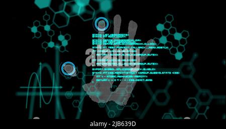 Bild von chemischen Formeln und Datenverarbeitung über Fingerabdrücken auf schwarzem Hintergrund Stockfoto