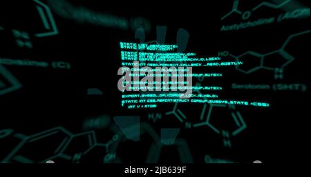 Bild von chemischen Formeln und Datenverarbeitung über Fingerabdrücken auf schwarzem Hintergrund Stockfoto