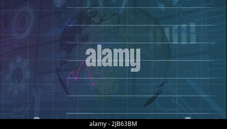 Abbildung von Finanzdaten und -Diagrammen über dem rotierenden Globus Stockfoto