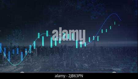 Zusammengesetztes Bild der statistischen Datenverarbeitung gegen Luftaufnahme des Stadtbildes bei Nacht Stockfoto