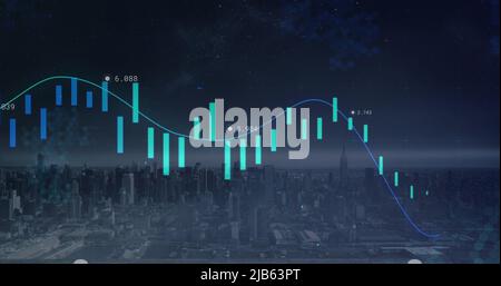 Zusammengesetztes Bild der statistischen Datenverarbeitung gegen Luftaufnahme des Stadtbildes bei Nacht Stockfoto