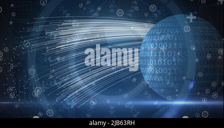 Digitales Bild mehrerer digitaler Symbole, die auf dem Globus gegen binäre Codierung schweben Stockfoto