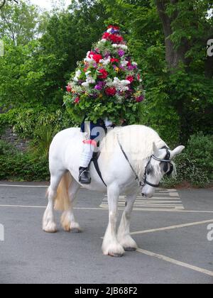 Porträt des Castleton Garland King, der während der alten Castleton Garland Ceremony 2022 eine Kranz aus Blumen zu Pferd trägt Stockfoto