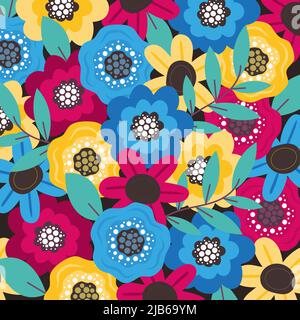 Erstaunliches florales Vektormuster. Abstrakte handgezeichnete verschiedene rosa, gelbe und blaue Blumen auf dunklem Hintergrund. Helle, farbenfrohe Blumenkomposition Stock Vektor