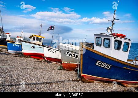 Am Strand von Beer, Devon, Großbritannien, wurden Fischerboote geschleppt Stockfoto