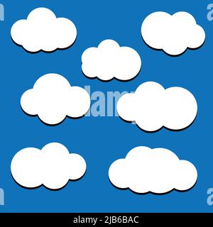 Weiße flache Wolken auf dem blauen Himmel Hintergrund. Nahtloses Vektormuster. Flaches Design, Vektorgrafik Stock Vektor