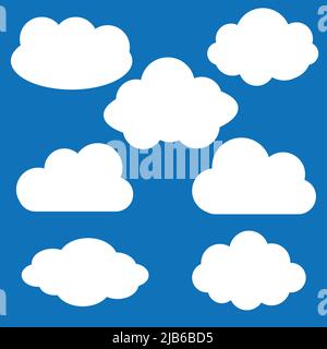 Wolkenvektor-Symbol Weiß auf blauem Hintergrund einstellen. Sky Flat Illustration Kollektion für Web, Vector llustration Stock Vektor