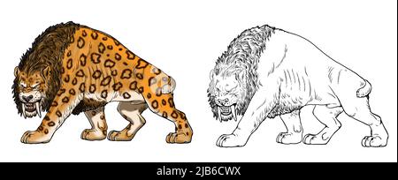 Säbelzahnkatze auf der Jagd. Tierzeichnung. Angriff mit Säbelzahnkatzen. Smilodon aus der Eiszeit. Stockfoto