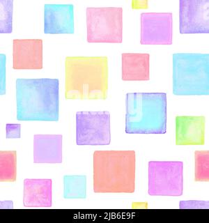 Zeitgenössische Kunst nahtlose Muster Hintergrund. Abstrakte Grunge quadratische geometrische Formen. Aquarell handgezeichnete mehrfarbige Quadrate-Textur. Aquarell Stockfoto