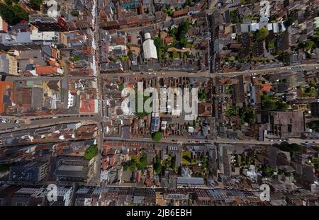 Blick direkt auf die Straßen im Zentrum von Bury St Edmunds, Suffolk, Großbritannien Stockfoto