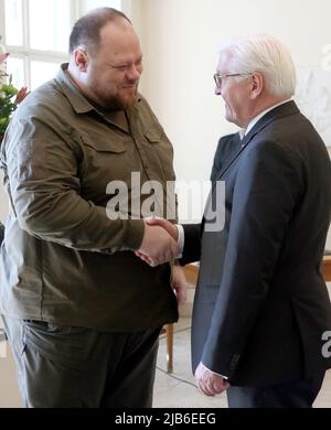 Berlin, Deutschland. 03.. Juni 2022. Bundespräsident Frank-Walter Steinmeier empfängt den Präsidenten des ukrainischen Parlaments, Ruslan Stefanchuk, im Schloss Bellevue. Quelle: Wolfgang Kumm/dpa/Alamy Live News Stockfoto