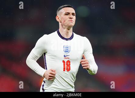 Datei-Foto vom 29-03-2022 des Englands Phil Foden, der nach positiven Tests für Covid-19 die Spiele der englischen Nations League mit Ungarn und Deutschland verpassen wird. Ausgabedatum: Freitag, 3. Juni 2022. Stockfoto