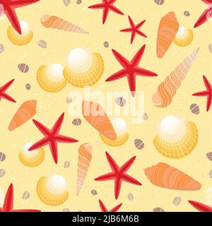 Muscheln und Sternen auf dem goldenen Sand Sommer Strand nahtlose Muster Vektor-illustration Stock Vektor