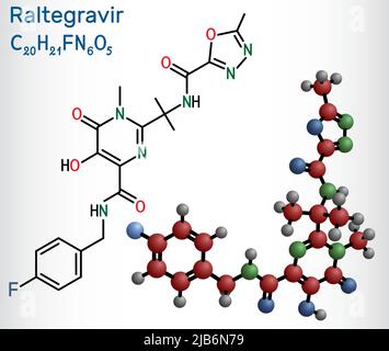 RALTEGRAVIR, RAL-Molekül. Es handelt sich um antiretrovirale Medikamente, die zur Behandlung von HIV und AIDS verwendet werden. Strukturelle chemische Formel und Molekülmodell. Vektorgrafiken Stock Vektor