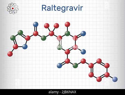 RALTEGRAVIR, RAL-Molekül. Es handelt sich um antiretrovirale Medikamente, die zur Behandlung von HIV und AIDS verwendet werden. Molekülmodell. Blatt Papier in einem Käfig.Vektorgrafik Stock Vektor